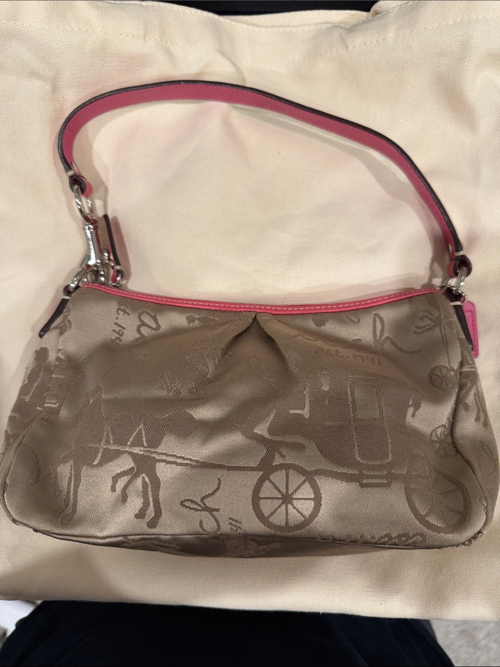 Coach Taupe Jacquard Shoulder Bag with Pink Trims